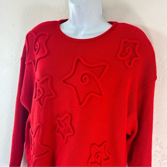 L’EAU VIVE  80s Red 3D Knit Stars Fringe Hem Sweater Size M - Picture 5 of 10